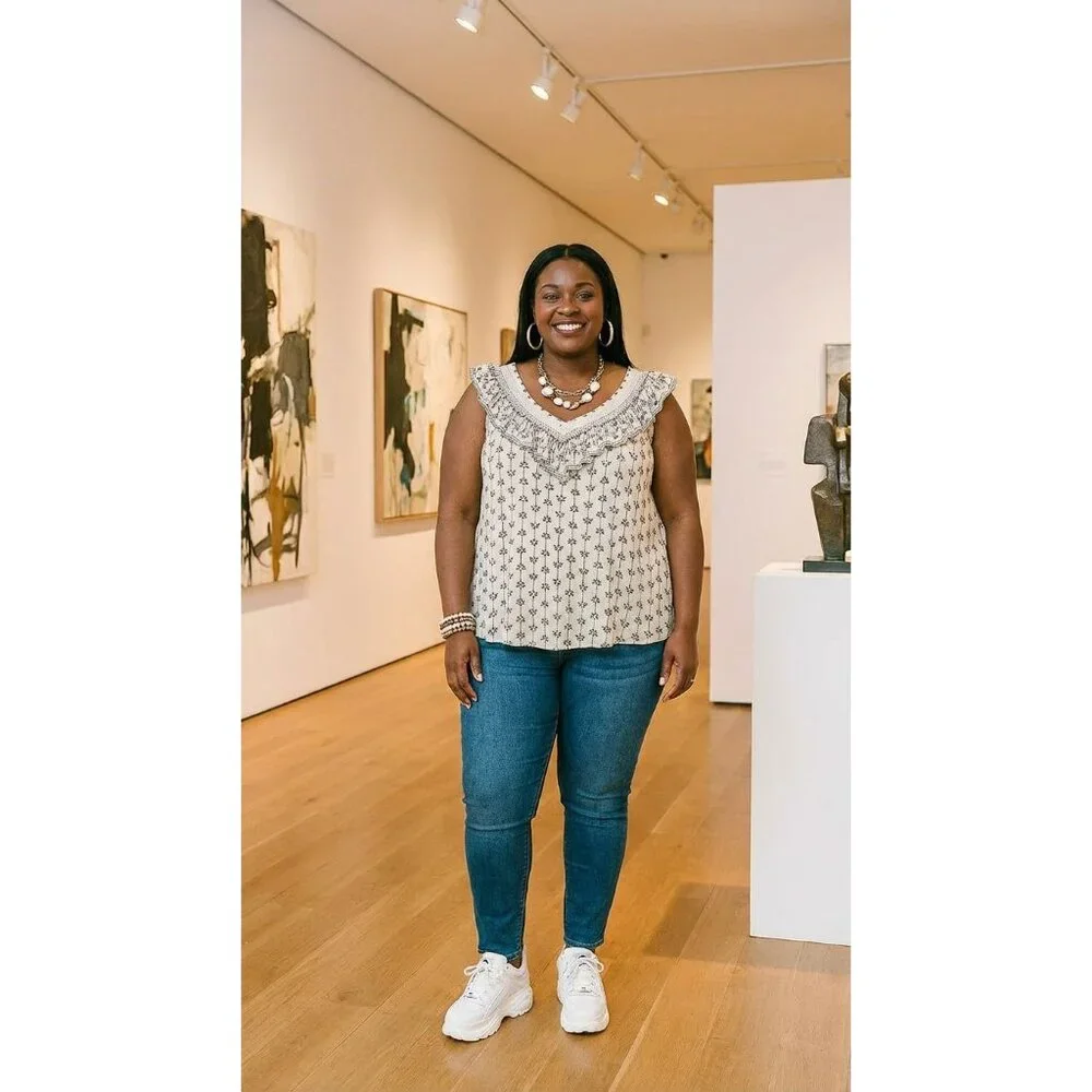 Faded Glory Size XL Sleeveless Ruffle V-Neck Top Black Floral Print Lace Detail - Picture 8 of 8
